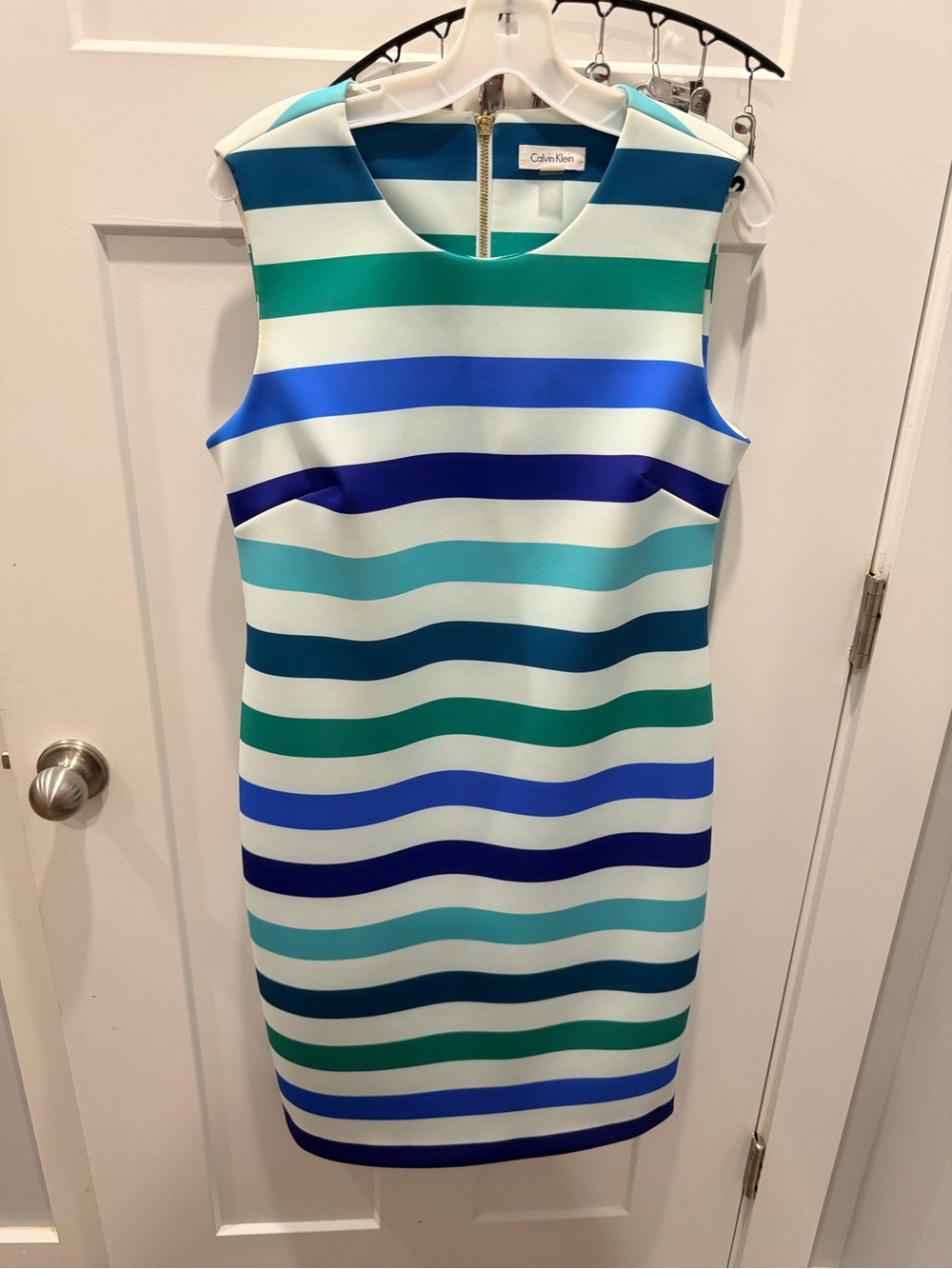 Calvin Klein Size 14 Blue Green Striped Sleeveless Sheath Dress Gold Zip
